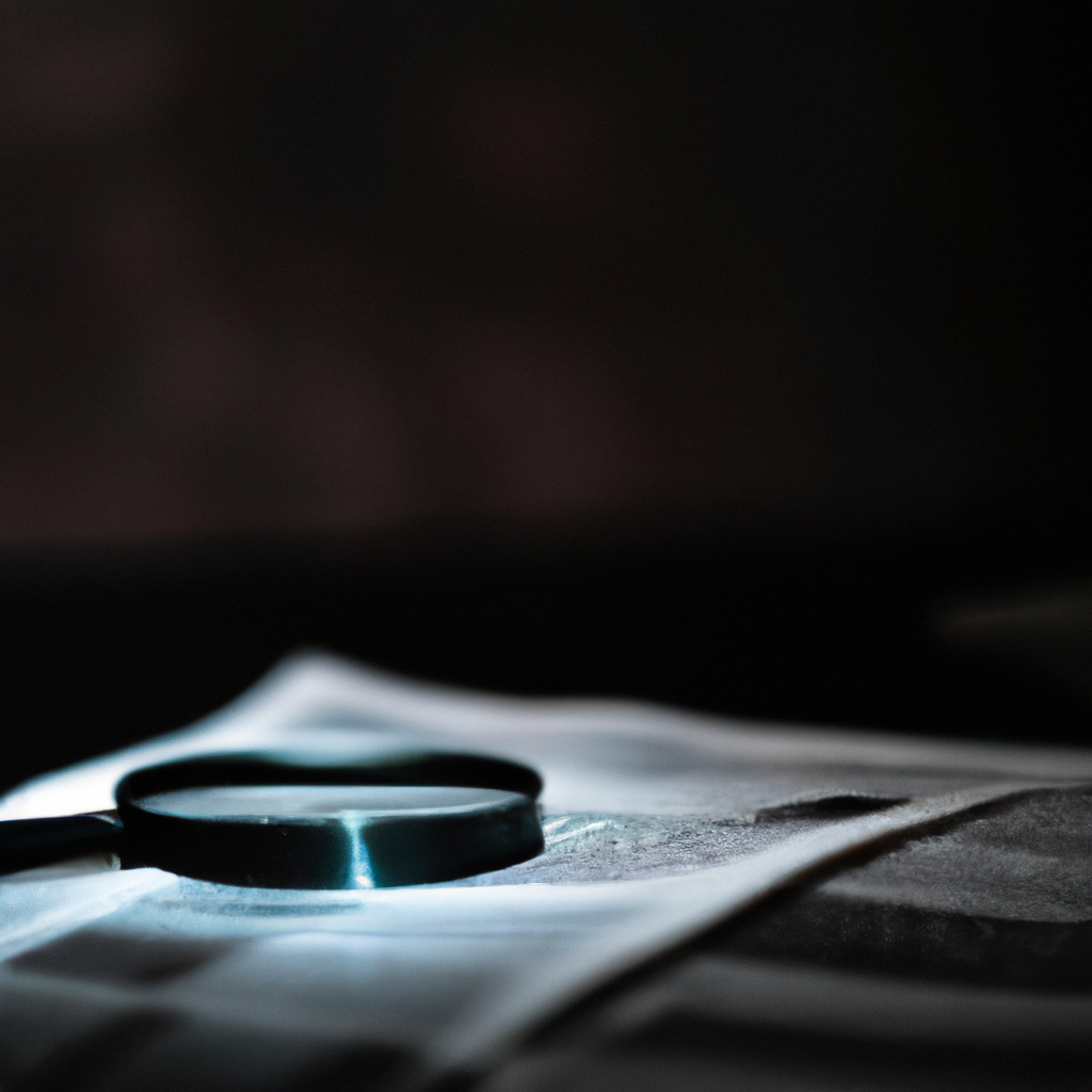 AI-generated art: Investigative reporting track with magnifying glass over documents on a moody newsroom desk